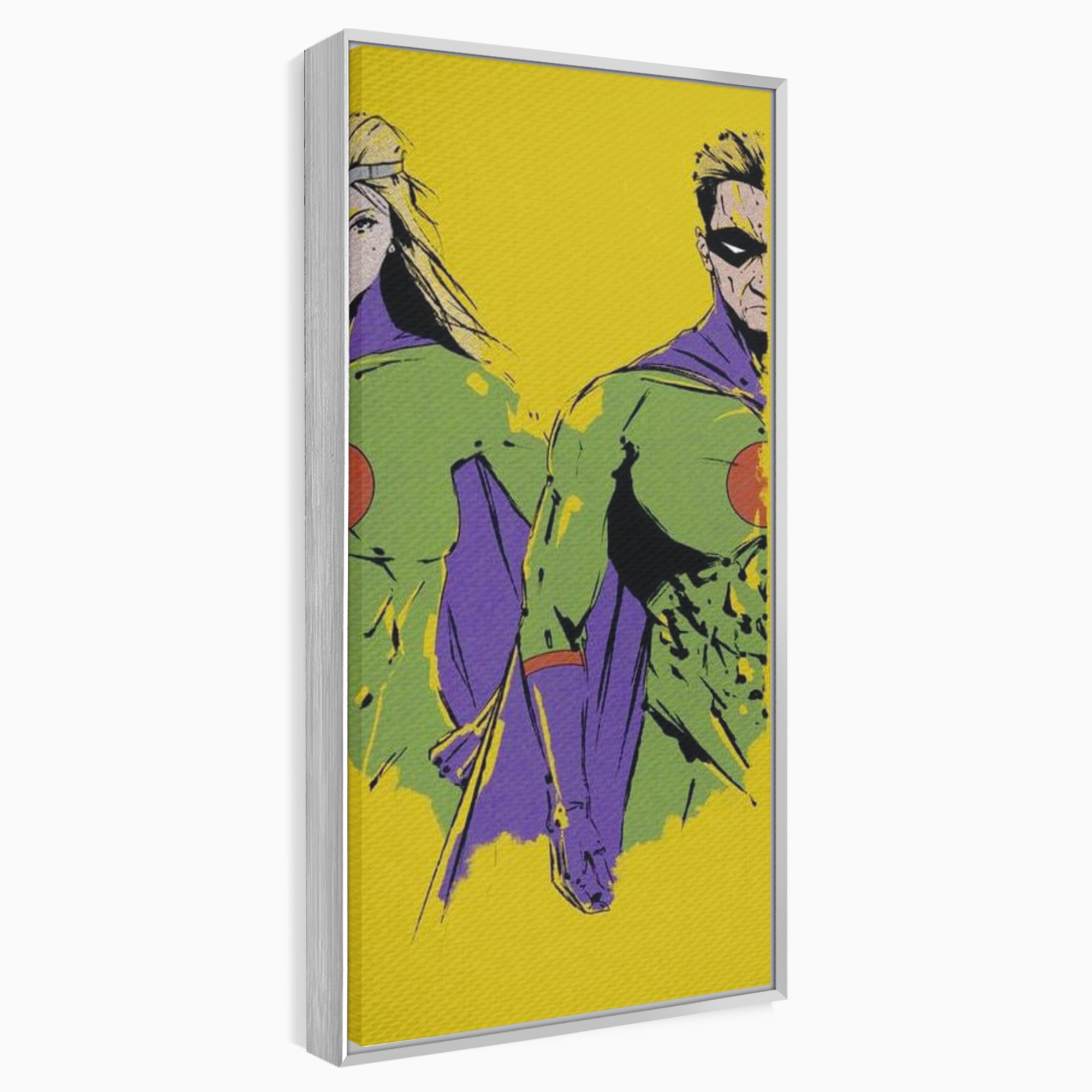 Tablou canvas cu tablou canvas cu doi supereroi pe fundal galben, in rama de aluminiu argintiu